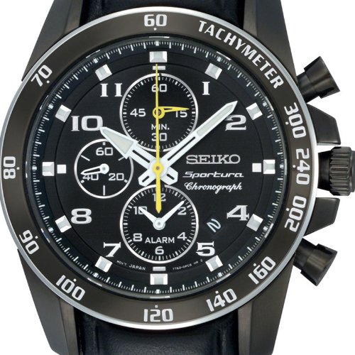 Seiko Sportura Chronograph Black Leather Strap Gents Watch SNAE67P1
