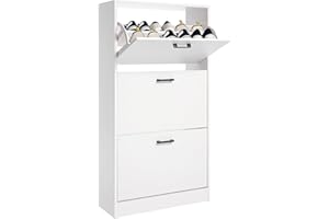 Blisswood White 3 Drawer Shoe Cabinet Cupboard, Pull Down Shoe Storage Organiser Wooden Furniture Unit, Space Saving 3 Tier Shoe Rack Cabinet Footwear Stand for Living Room Hallway Furniture