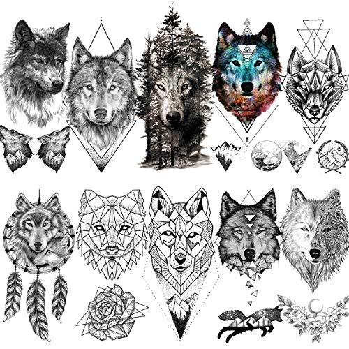 LAROI 10 Hojas Grande Geométrico Realista Lobo Tatuaje Temporales Mujer Adultos Niñas Falso Cuerpo Línea Arte Brazo Bosque Montaña León Coyote Hombre Negro Tatuaje Temporal Pegatinas Niños Piernas