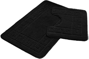 FAIRWAYUK Bathroom Mats Sets 2 Pieces, Ultra Plush Greek Pattern Bath Toilet Mat Anti Slip Pedestal Set, Extra Absorbent 100% Polypropylene Rug, Bathroom Accessory (Black)