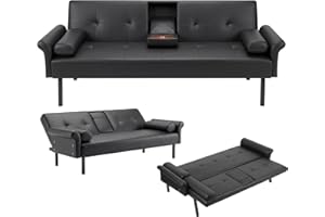 Panana Modern 3 Seater Sofa Bed, Black Faux Leather Upholstered Sofa bed with Metal Legs,Futon Recliner Lounge for Living Room, Spare Room, Bedroom (Black with Cup Holder)