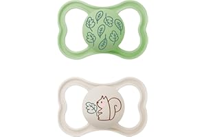 MAM Supreme Smoczek dla niemowląt, dla zdrowego rozwoju zębów i szczęki, zapobiega podrażnieniom skóry, z pudełkiem na smoczek, od 16 miesięcy, liście/wiewiórka, 2 szt