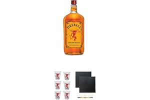 UNBEKANNT Fireball Whisky Zimt Likör Kanada 0,7 Liter + Fireball SHOT Gläser mit Schriftzug 6 Stück + Schiefer Glasuntersetzer eckig ca. 9,5 cm Ø 2 Stück