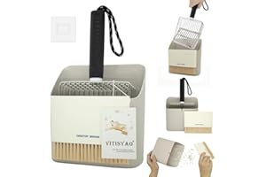 Vitisyao Stainless Steel Cat Litter Scoop, Metal Cat Litter Scooper with Holder - Portable Dustpan and Small Cleaning Brush, Heavy Duty Litter Scoop with Coarse and Fine Grid for All Cat Litter Boxes