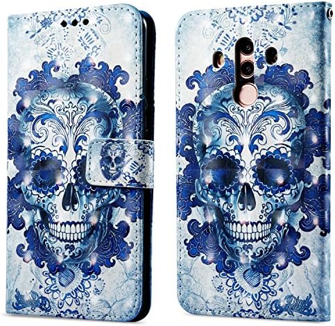 Leather Case for Huawei Mate 10 Pro (Not for Mate 10), ZCRO PU Leather Wallet Magnetic Flip Case Colourful 3D Pattern Cover with Card Holder Wrist Strap Book Style Ultra Slim Wallet Case Cover Beautiful Design Shell for Huawei Mate 10 Pro (Skull)