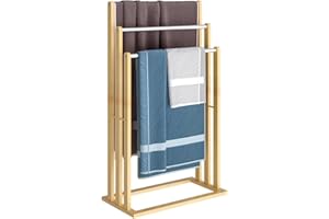 HOMION Towel Holder Freestanding with 3 Towel Rails, Towel Stand for Bathroom, Wood, Stainless Steel, HWD: 84 x 48 x 26 cm, Natural Camper Van Caravan Camping Shed Garage Rail