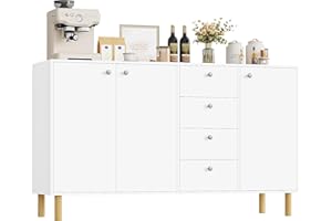 FirFurd Aparador Entrada Recibidor, Aparador Cocina, Mueble Aparador Comedor, Armario Despensa Cocina, con 4 Cajones 3 Puertas, Ahorra Espacio, Moderno, Madera, Blanco, 140x40x80cm