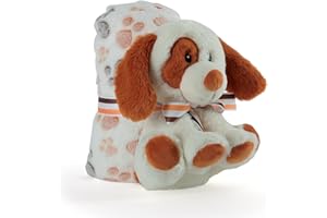 PERLETTI Coperta Neonato con Peluche Cane Animale Morbida e Calda - Mussola Bimbo Bimba 0 1 2 3 Anni con Pupazzo - Plaid Invernale Bambini Bambine Marrone Beige con Fiocchetto - 120x80 cm (Cane)