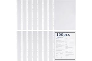 OFFICESWIFT Bolsillos perforados A4 de polietileno resistente, carteras de plástico transparente A4, protectores de hojas con 11 agujeros para carpetas de 2/3/4 anillas para archivar, fundas y documentos (100