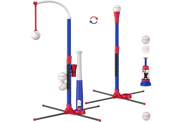 HYES 3 en 1 Baseball Set pour Enfants de 3 à 5, Balle de Baseball, Porte - Balles, Suspendu, Lanceur de Baseball et 6 Softball, Hauteur Réglable, Jouets de Baseball pour Enfants, Bleu