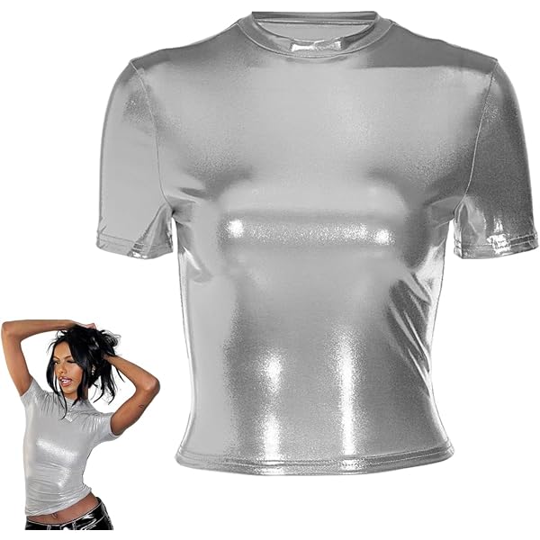 Haut Métallisé Crop Top Fille – Manches Courtes Avec Manchons, Pour Danse Hip-hop, Latino, Fête, Disco