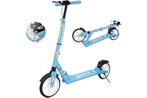 MEE GOO H007D Trottinette avec frein à disque, double amortisseur, roues en polyuréthane de 200 mm, roulements ABEC-7, trottinette pliable pour adultes 18+, planche antidérapante avec rose/blanc/bleu