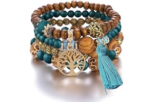 LICHUANUK Boho bracelets en perles de bois pour femme, Motif arbre de vie, Cristal Perle, bracelet fait à la main chaîne de main, paon bleu
