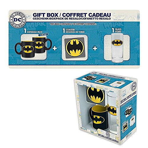 DC-Universe-GeschenkboxGeschenkset-Batman-Logo-3-teilig-Glas-Tasse-Untersetzer