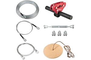 FRANCE TRAMPOLINE Tyrolienne pour Enfant - XL INFINITY 45m de long - Jusqu'à 110kg - Câble Ultra résistant ⌀ 8mm et Frein à Ressort 1m80 de long - Avec Assise en bois et Poulie avec roulement à billes