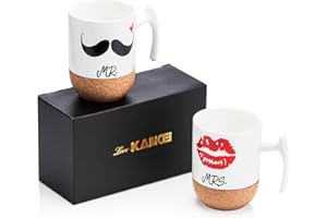 Love-KANKEI Mr e Mrs Tazzine Caffe Tazze Divertenti Coppia per Sposa e Sposo Tazza Ceramica con Fondo in Sughero 300ml, Regali Ideali per San Valentino, Nozze, Natale, Compleanno e Anniversario