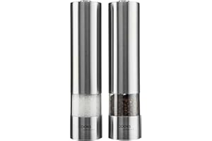 Cooks Professional Electric Salt and Pepper Mill Set | Battery Operated Automatic Grinders with Adjustable Course & Fine Grinding & One Touch Operation | Condiment Seasoning Grinder | Stainless Steel