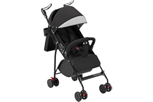 HUOLE Cochecito de 4 ruedas, hasta 25 kg, gran capó, plegable compacto, respaldo reclinable, manillar ajustable en altura, ruedas grandes, todo -A-negro