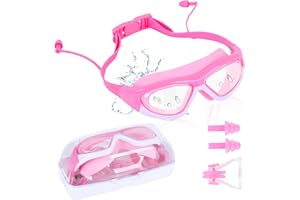 Jodsen Lunettes de Natation,Lunettes Natation Anti-buée avec Bouchons d'oreille, Pince-nez, Protection UV Lunettes de Plongée avec Sangle en Silicone Réglable pour Garçons, Filles