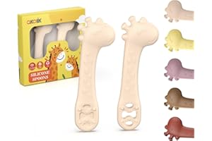 akolik PreCucharas Para Bebes, 2 Piezas de Cuchara Bebe Aprendizaje Cuchara Baby de Silicona Sin BPA, Munchkin Cubiertos Infantiles Jirafas Mordedor para bebés y niños pequeños a partir de 4 meses