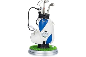 AMRTA Golf Bag Pen Holder With Clock for Desk - Mini Golf Caddy Cart Holder and 3 Pens Gift Set for Men Women, Desktop Aluminum Alloy Golf Souvenir for Dad Friends Golfer