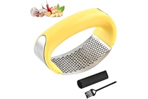 SIHUITU Garlic Press Garlic Crusher Kitchen Garlic Rocker 304 Food Grade Stainless Steel Ginger Crusher with Cleaning Brush & Silicone Garlic Peeler (Yellow)