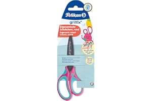 ‎PELIKAN PELIKAN Griffix Schere Abgerundet, Schere für Rechtshänder, Länge 14 cm, Schulschere, Titanbeschichtung, Ergonomischer und Weicher Griff, Ideal zum Büro und Schule, Rosa Blau, Blisterverpackung