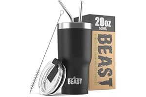GREENS STEEL BEAST Mug Isotherme Cafe - 550ml I Noir mat I Acier Inoxydable I Réutilisable, Tasses Isothermes I 2 Pailles et Brosse Nettoyage I Thermos Cafés de Voyage Double Paroi I Café Chaud ou Glacé
