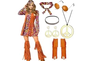 LOMUG Kostium hipisowski damski w stylu lat 60. 70., odzież damska, sukienka hipisowska, akcesoria do dyskoteki, kostium dla kobiet i dziewcząt w stylu lat 70., moda damska, kostium karnawałowy na imprezę karnawałową