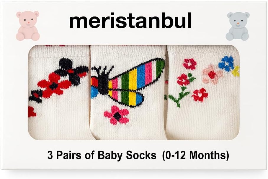 Meristanbul Baby 3’lü Pamuklu Kız Bebek Çorap Seti – Kutulu – Çiçek ve Kelebek Deseni, 0-12 Ay