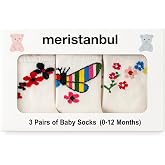 Meristanbul Baby 3&rsquo;l&uuml; Pamuklu Kız Bebek &Ccedil;orap Seti &ndash; Kutulu &ndash; &Ccedil;i&ccedil;ek ve Kelebek Deseni, 0-12 Ay