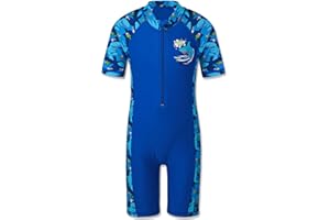 HUAANIUE Garçons Enfants Maillot de Bain 1 Pièce Anti-UV UPF 50+ Enfants Garçons Costume de Bain zippé à Manches Courtes 2-12 Ans