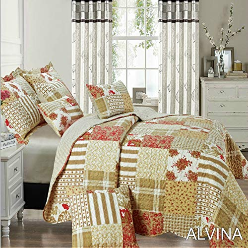 Patchwork Bedspread 2 Pillow Sham 3 Piece Set Size 255 cm x L 275 cm (Superking, Alvina)