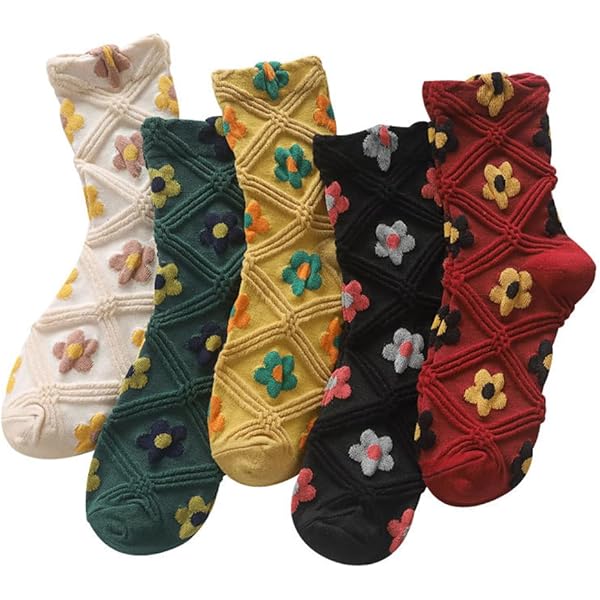 5 Paar Damen Socken Set - Bunte Blumen Socken Lang