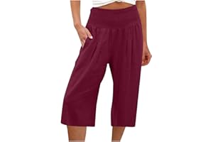 KUIH 3/4 Shorts for Women UK Summer Comfy Cotton Linen Shorts Wide Leg High Waist Straight Shorts with Pockets Hiking Outgoing Shorts Trousers Breathe Beach Shorts UK Size 8-18
