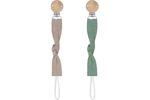 Hugttt Attache Tetine Tissu, 2 Pièces Attache Sucette Fille Garçon Accroche Tetine Bois, Pacifier Chain Chaîne de Tétine pour Bébé, Accessoires Tétine Cadeau Naissance(Vert+Gris)