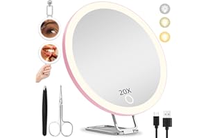 HMGGOOFA 20X Magnifying Mirror with Lights, 6'' Lighted Travel Magnified Mirror 30X High Magnification Travel Makeup Mirror with Lights, Handheld Makeup Magnifying Mirror with Suction Cups & Adjustable Bracket