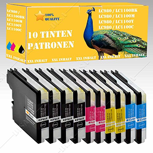 10 x Tintenpatronen kompatibel zu LC-980 / LC1100 Brother DCP Serie DCP-185C / DCP-195C