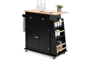 ‎GOPLUS GOPLUS Kitchen Island with Wheels, Serving Trolley with 2 Drawers, 3-Tier Spice Rack, Towel Holder Cabinet, Rubber Wood Worktop & Lockable Wheels for Dining Room, Kitchens (Black)