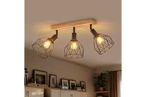 LVWIT Lámpara de Techo de Madera Negra,Focos de Techo,Lámparas de Pared de Cocina con E14,Focos de Luz Ajustables de 3 Vías,Lámparas de Pared Industriales (SIN Bombillas)