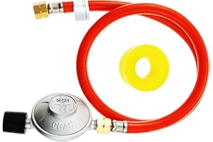 DRELD Regulowany regulator 50 mbar z wężem o długości 80 cm, lewy gwint 1/4" i żeński uniwersalny gwint 7/16" do grilla gazowego, propanu i butanu