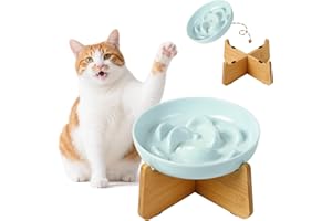 PTOBER Comedero Gato Antivoracidad Melamina Elevado - Cuenco con Soporte de Bambú Antideslizante - Bol de Alimentación Lenta para Gatos - Azul pálido