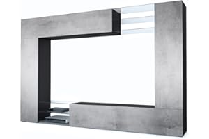 Vladon Mueble de salón Mirage, 2 Puertas, 2 Puertas abatibles y 6 Estantes de Cristal Abiertos, Negro Mate/Hormigón Oxidado (262 x 183 x 39 cm)