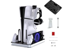 ARIKROII Soporte para PS5/PS5 Slim con PS Portal y Mando PS5 Estación de Carga, Abrazadera Vertical PS5 con Ventilador de 3 Etapas, Base Vertical para P5 Slim/P5 Digital Edition & Disc Edition (Sin luz RGB)