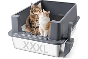 Bartuke kuweta dla kota ze stali nierdzewnej, XXL metalowa Kuwety dla kotów z szufelką, szczelna, łatwa do czyszczenia dla dużych kotów/wielu kotów (ciemnoszara)