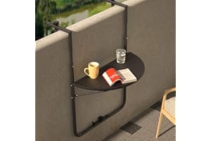 BAKAJI Tavolo Tavolino da Ringhiera per Esterno Balcone Pieghevole Salvaspazio Altezza Regolabile Struttura in Metallo e Piano in Polyrattan xon Portabicchieri Dimensione 60x64cm (Nero)