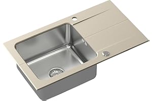 QUADRON IMAGINE YOUR KITCHEN QUADRON Spülbecken Beige | Größe 78 x 44 cm | Edelstahlspüle EDWARD Einzelbecken Küchenspüle mit Stahlkammer | Granit Spülbecken mit manuellem Siphon und Schraubverschluss | mit Abtropffläche