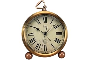 Saytay Classic Retro Clock, Golden Table Table Desk Alarm Clock European Style Vintage Silent Desk Alarm Clock Non Ticking Quartz Movement Battery Operated, HD Glass Lens, Easy to Read (Roman)