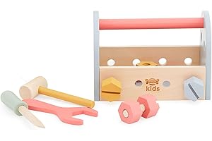 Just Bee Kids Wooden Tool Box Set | Toys For 1 Year Old Boys, Girls | Lightweight & Portable Pretend Play Toy | Plastic-Free | Soft Pastel Colours | Smooth Rounded Edges | 1st Birthday Gifts