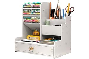 Hggzeg Organizador de escritorio con cajón multifuncional para bolígrafos, organizador de escritorio para el hogar, la oficina y la escuela (PB17-blanco)